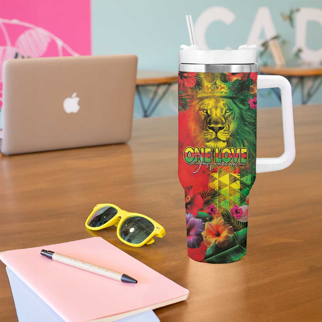 Hawaiian Reggae Tumbler With Handle Tropical Plants and Tribal Kakau Tattoo-One Love Jawaiian LT03 - Polynesian Pride
