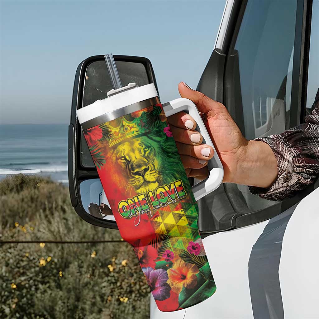 Hawaiian Reggae Tumbler With Handle Tropical Plants and Tribal Kakau Tattoo-One Love Jawaiian LT03 - Polynesian Pride