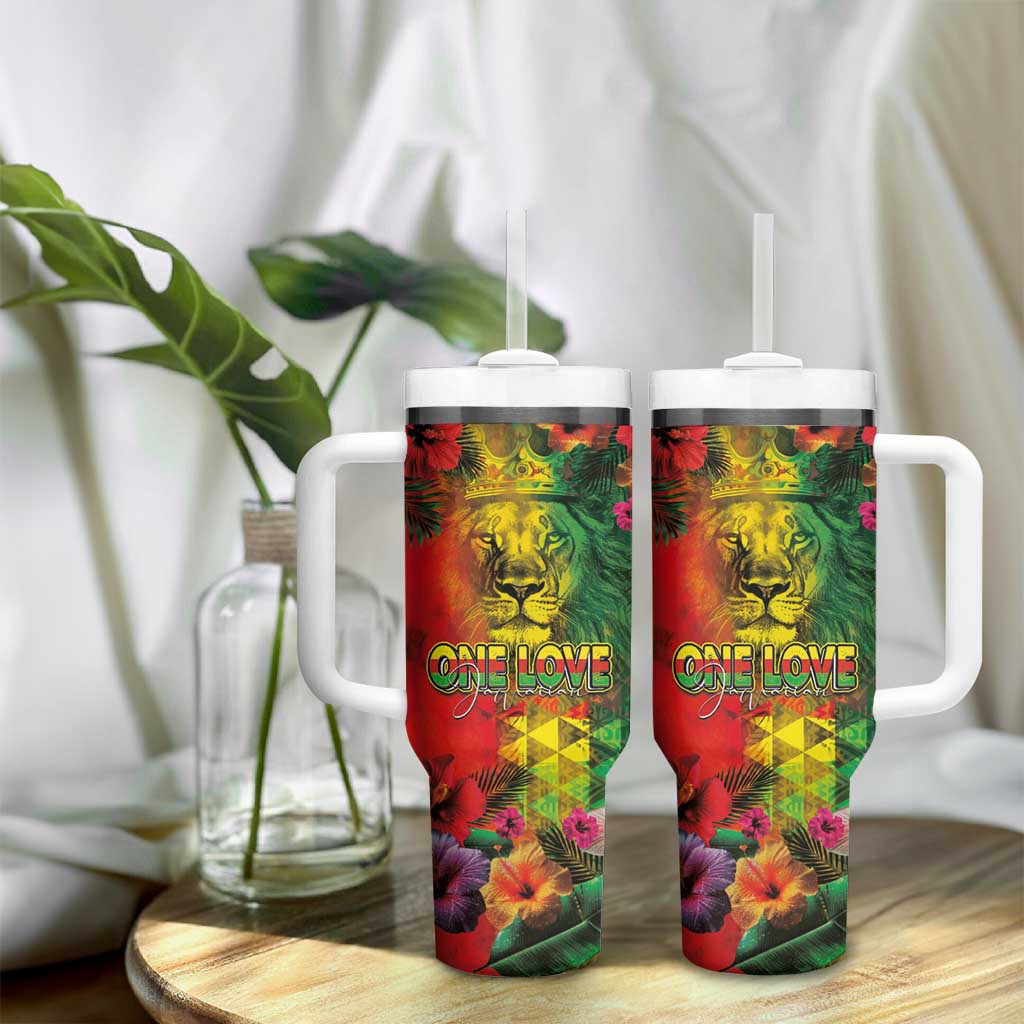Hawaiian Reggae Tumbler With Handle Tropical Plants and Tribal Kakau Tattoo-One Love Jawaiian LT03 - Polynesian Pride