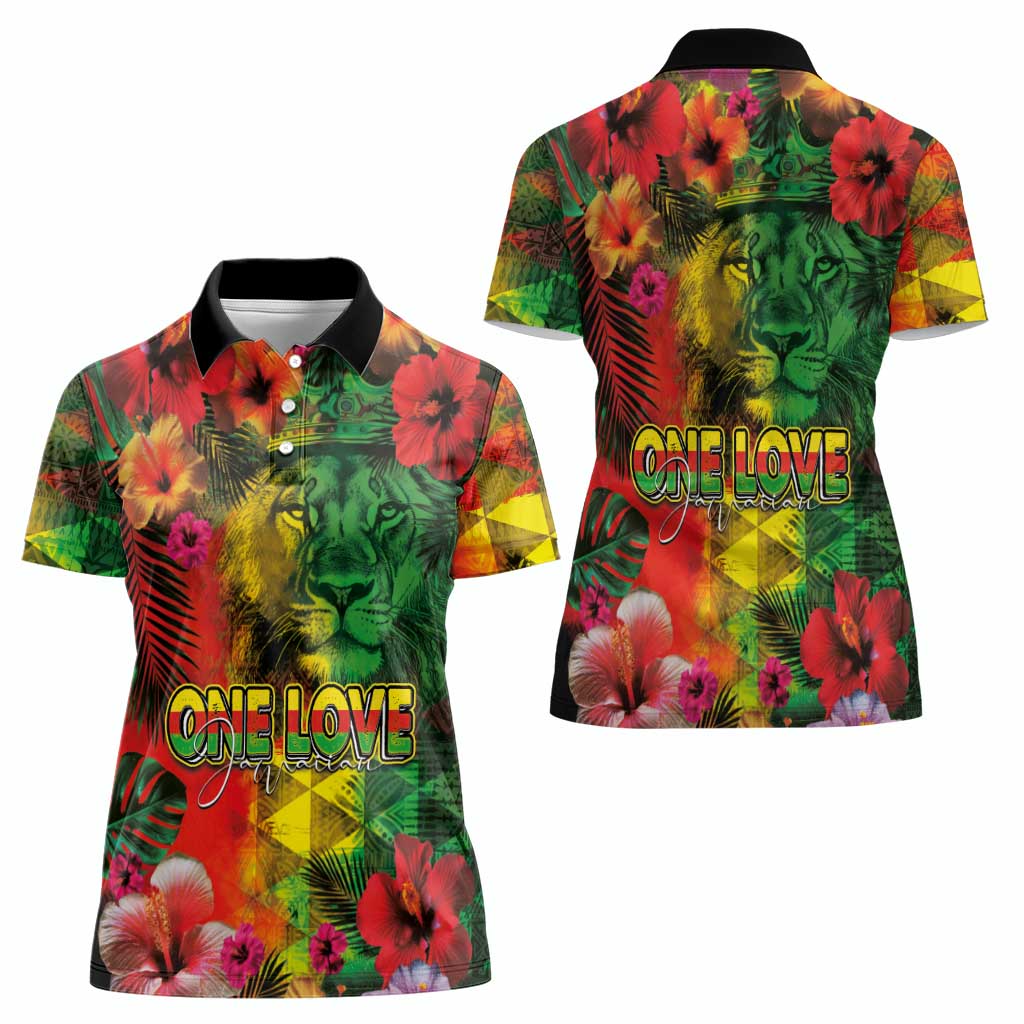 Hawaiian Reggae Women Polo Shirt Tropical Plants and Tribal Kakau Tattoo-One Love Jawaiian