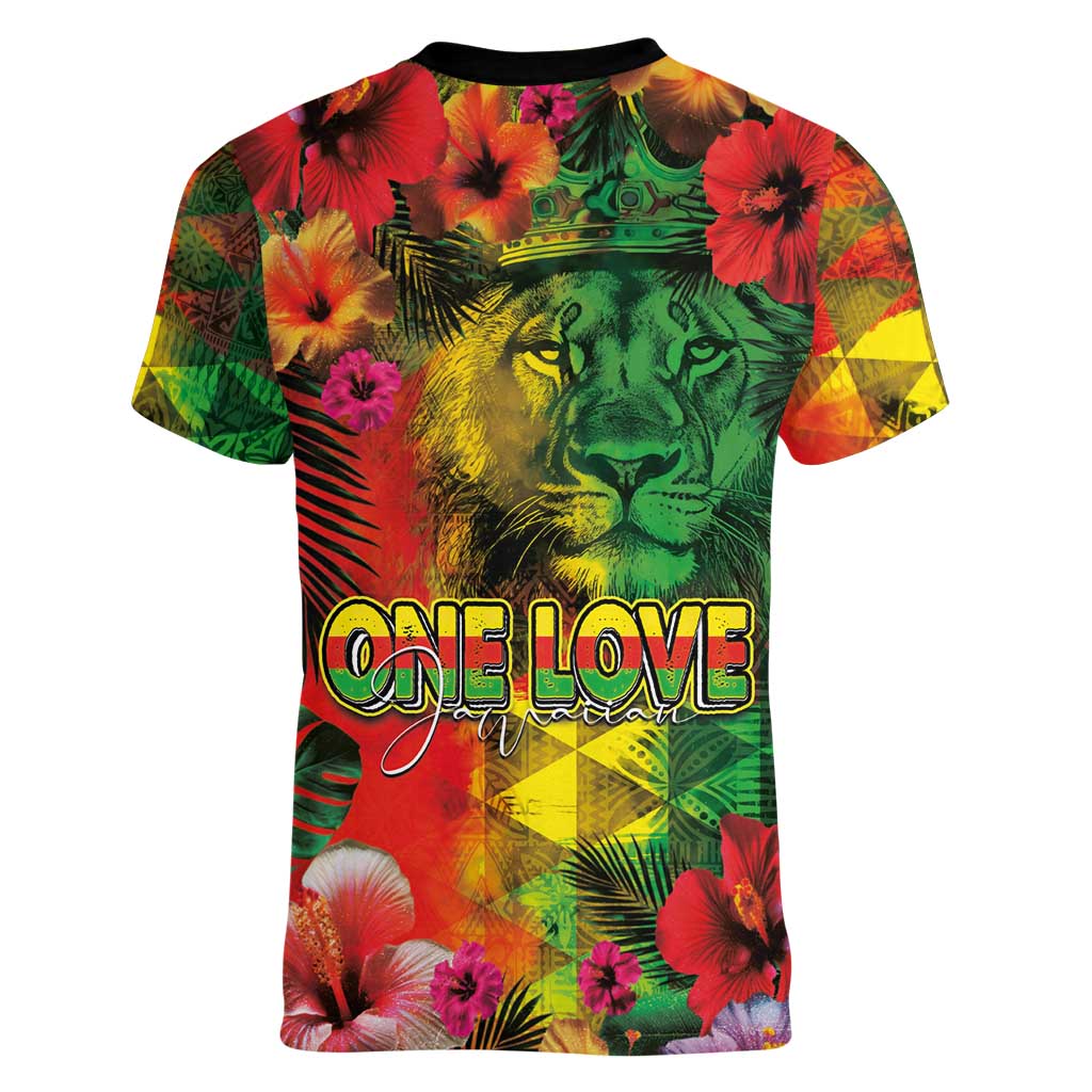 Hawaiian Reggae Women V-Neck T-Shirt Tropical Plants and Tribal Kakau Tattoo-One Love Jawaiian LT03 - Polynesian Pride