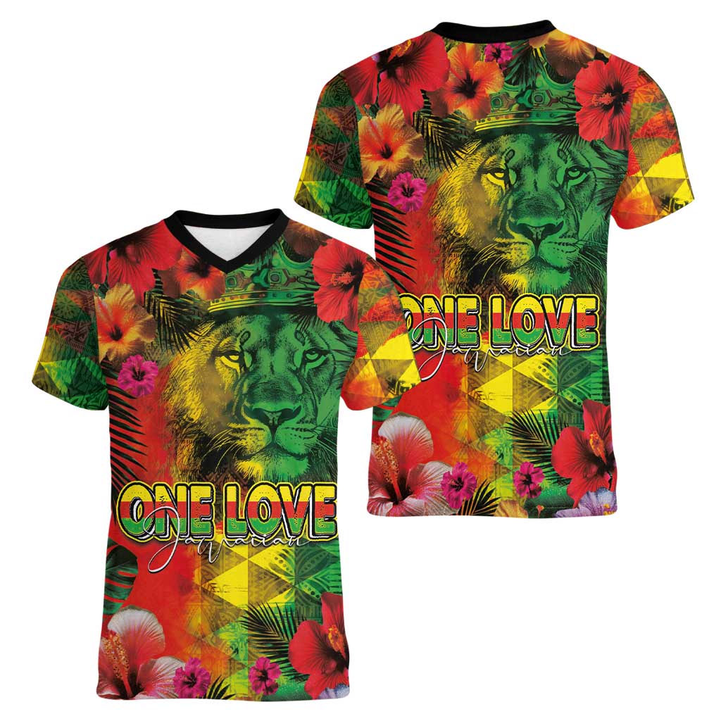 Hawaiian Reggae Women V-Neck T-Shirt Tropical Plants and Tribal Kakau Tattoo-One Love Jawaiian LT03 - Polynesian Pride