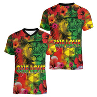 Hawaiian Reggae Women V-Neck T-Shirt Tropical Plants and Tribal Kakau Tattoo-One Love Jawaiian LT03 - Polynesian Pride