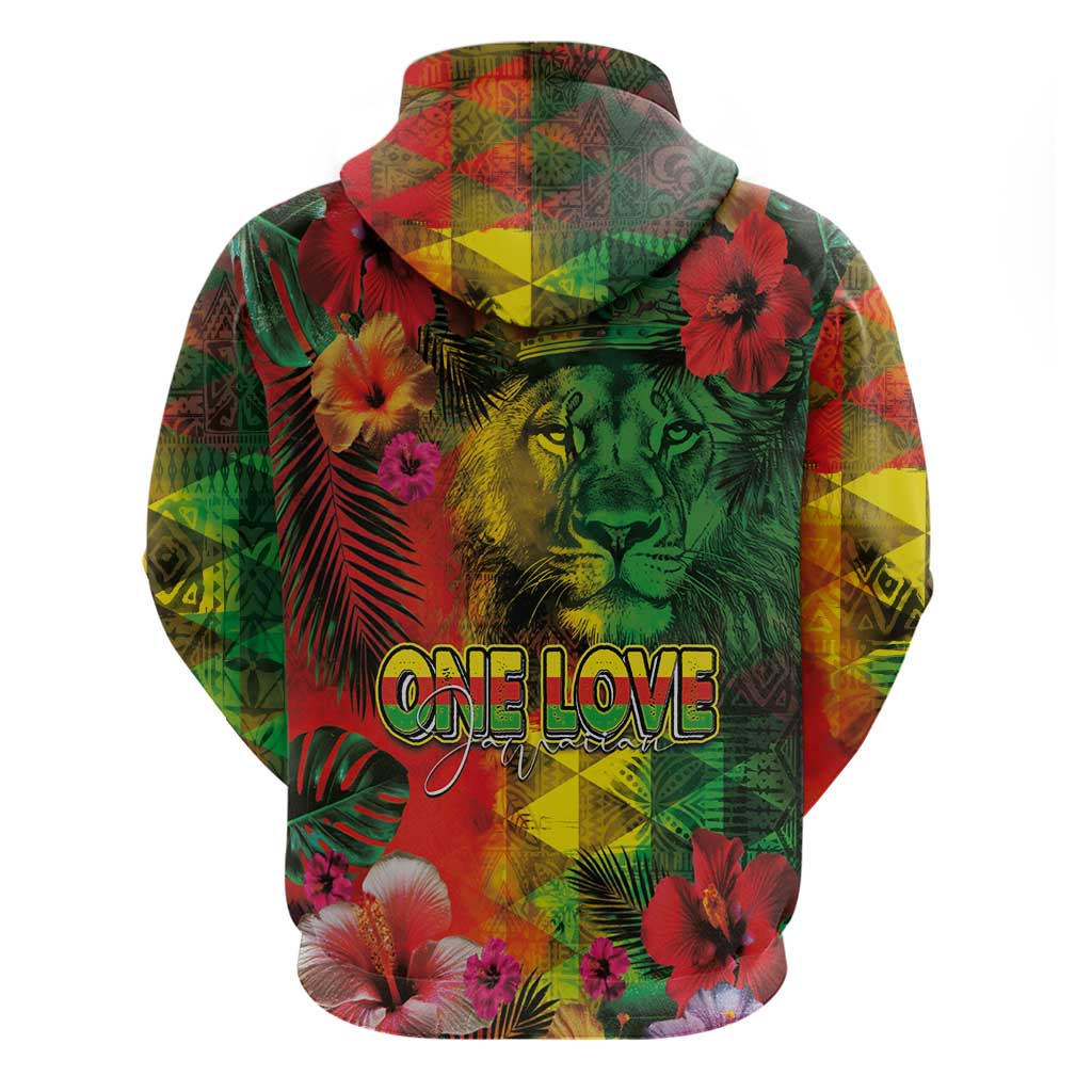 Hawaiian Reggae Zip Hoodie Tropical Plants and Tribal Kakau Tattoo-One Love Jawaiian LT03 - Polynesian Pride