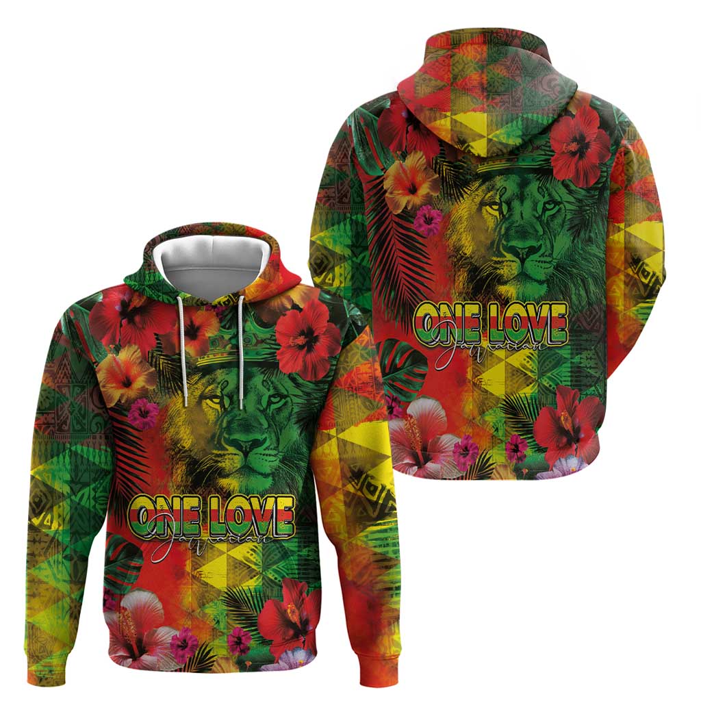 Hawaiian Reggae Zip Hoodie Tropical Plants and Tribal Kakau Tattoo-One Love Jawaiian LT03 - Polynesian Pride