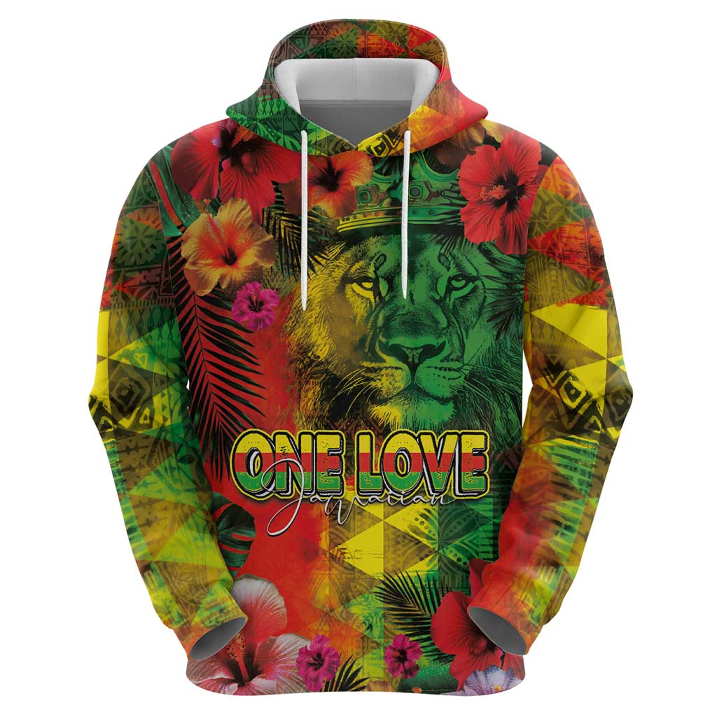 Hawaiian Reggae Zip Hoodie Tropical Plants and Tribal Kakau Tattoo-One Love Jawaiian LT03 - Polynesian Pride