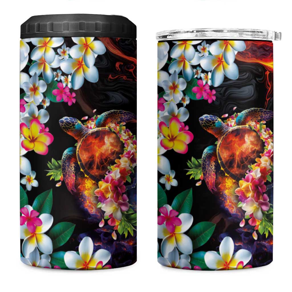 Hawaiian Lei Day 4 in 1 Can Cooler Tumbler Colorful Plumeria and Volcanic Turtle with Abstract Lava Texture LT03 One Size: 16 oz Black - Polynesian Pride