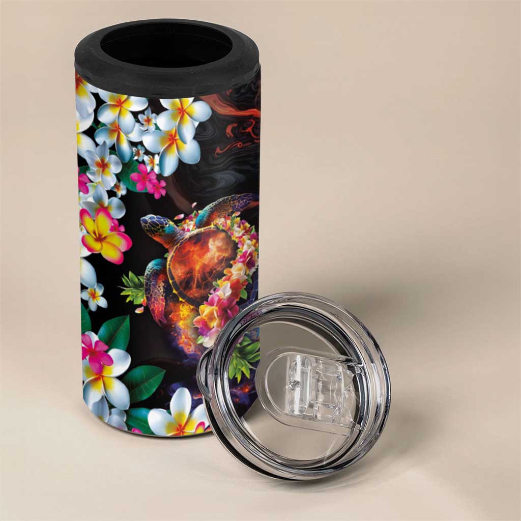 Hawaiian Lei Day 4 in 1 Can Cooler Tumbler Colorful Plumeria and Volcanic Turtle with Abstract Lava Texture LT03 - Polynesian Pride