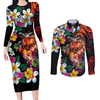Hawaiian Lei Day Couples Matching Long Sleeve Bodycon Dress and Long Sleeve Button Shirt Colorful Plumeria and Volcanic Turtle with Abstract Lava Texture LT03 Black - Polynesian Pride