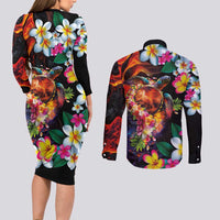 Hawaiian Lei Day Couples Matching Long Sleeve Bodycon Dress and Long Sleeve Button Shirt Colorful Plumeria and Volcanic Turtle with Abstract Lava Texture LT03 - Polynesian Pride