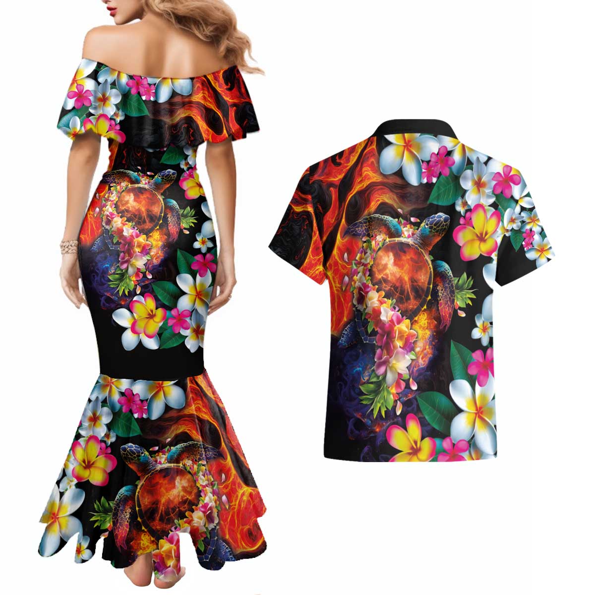 Hawaiian Lei Day Couples Matching Mermaid Dress and Hawaiian Shirt Colorful Plumeria and Volcanic Turtle with Abstract Lava Texture LT03 - Polynesian Pride