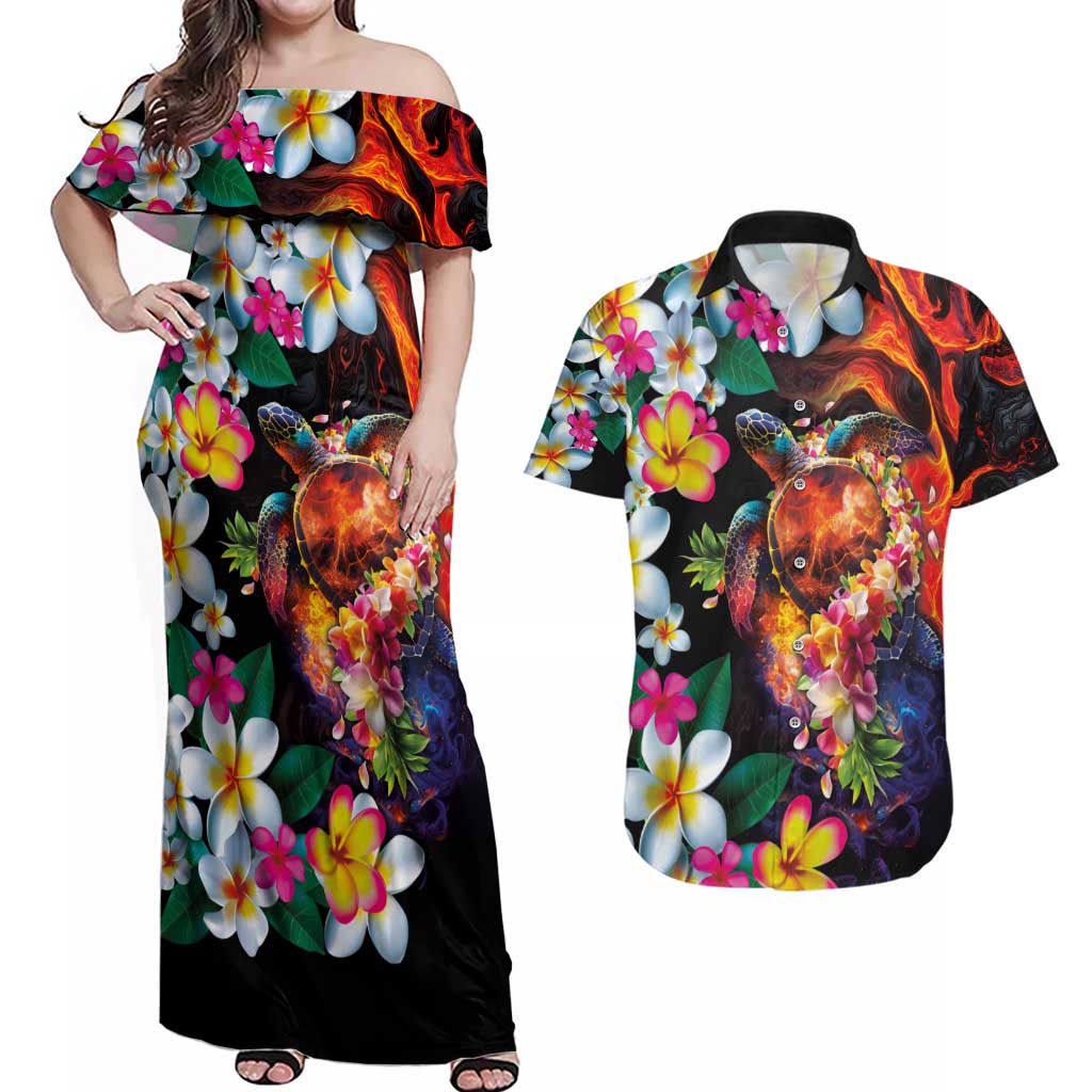 Hawaiian Lei Day Couples Matching Off Shoulder Maxi Dress and Hawaiian Shirt Colorful Plumeria and Volcanic Turtle with Abstract Lava Texture