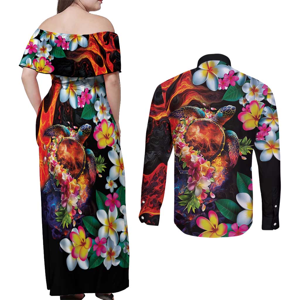 Hawaiian Lei Day Couples Matching Off Shoulder Maxi Dress and Long Sleeve Button Shirt Colorful Plumeria and Volcanic Turtle with Abstract Lava Texture LT03 - Polynesian Pride