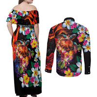 Hawaiian Lei Day Couples Matching Off Shoulder Maxi Dress and Long Sleeve Button Shirt Colorful Plumeria and Volcanic Turtle with Abstract Lava Texture LT03 - Polynesian Pride