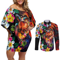 Hawaiian Lei Day Couples Matching Off Shoulder Short Dress and Long Sleeve Button Shirt Colorful Plumeria and Volcanic Turtle with Abstract Lava Texture LT03 Black - Polynesian Pride