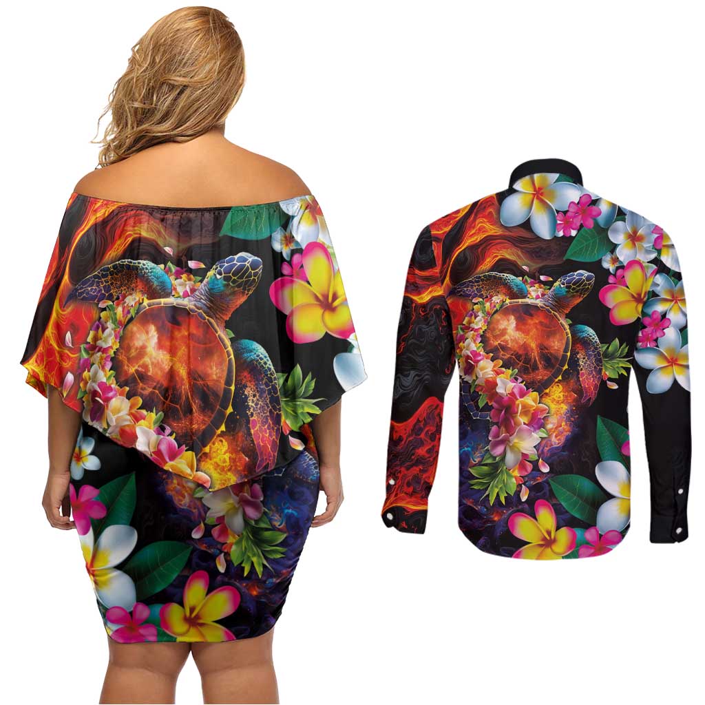 Hawaiian Lei Day Couples Matching Off Shoulder Short Dress and Long Sleeve Button Shirt Colorful Plumeria and Volcanic Turtle with Abstract Lava Texture LT03 - Polynesian Pride