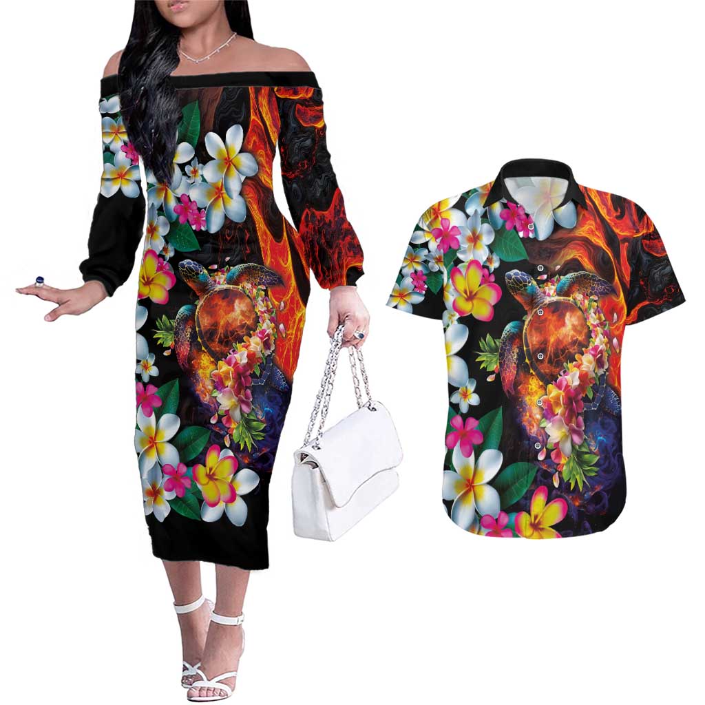 Hawaiian Lei Day Couples Matching Off The Shoulder Long Sleeve Dress and Hawaiian Shirt Colorful Plumeria and Volcanic Turtle with Abstract Lava Texture