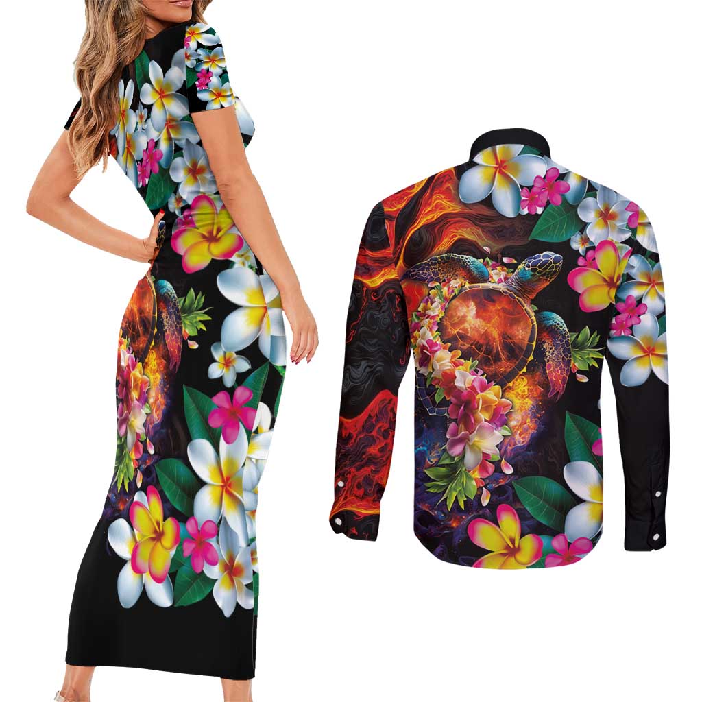 Hawaiian Lei Day Couples Matching Short Sleeve Bodycon Dress and Long Sleeve Button Shirt Colorful Plumeria and Volcanic Turtle with Abstract Lava Texture LT03 - Polynesian Pride