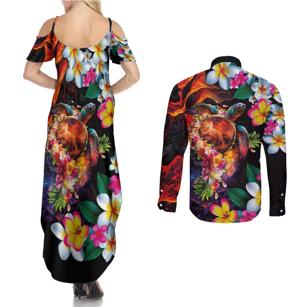 Hawaiian Lei Day Couples Matching Summer Maxi Dress and Long Sleeve Button Shirt Colorful Plumeria and Volcanic Turtle with Abstract Lava Texture LT03 - Polynesian Pride