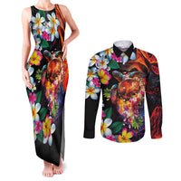 Hawaiian Lei Day Couples Matching Tank Maxi Dress and Long Sleeve Button Shirt Colorful Plumeria and Volcanic Turtle with Abstract Lava Texture LT03 Black - Polynesian Pride