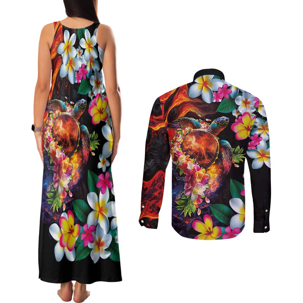 Hawaiian Lei Day Couples Matching Tank Maxi Dress and Long Sleeve Button Shirt Colorful Plumeria and Volcanic Turtle with Abstract Lava Texture LT03 - Polynesian Pride