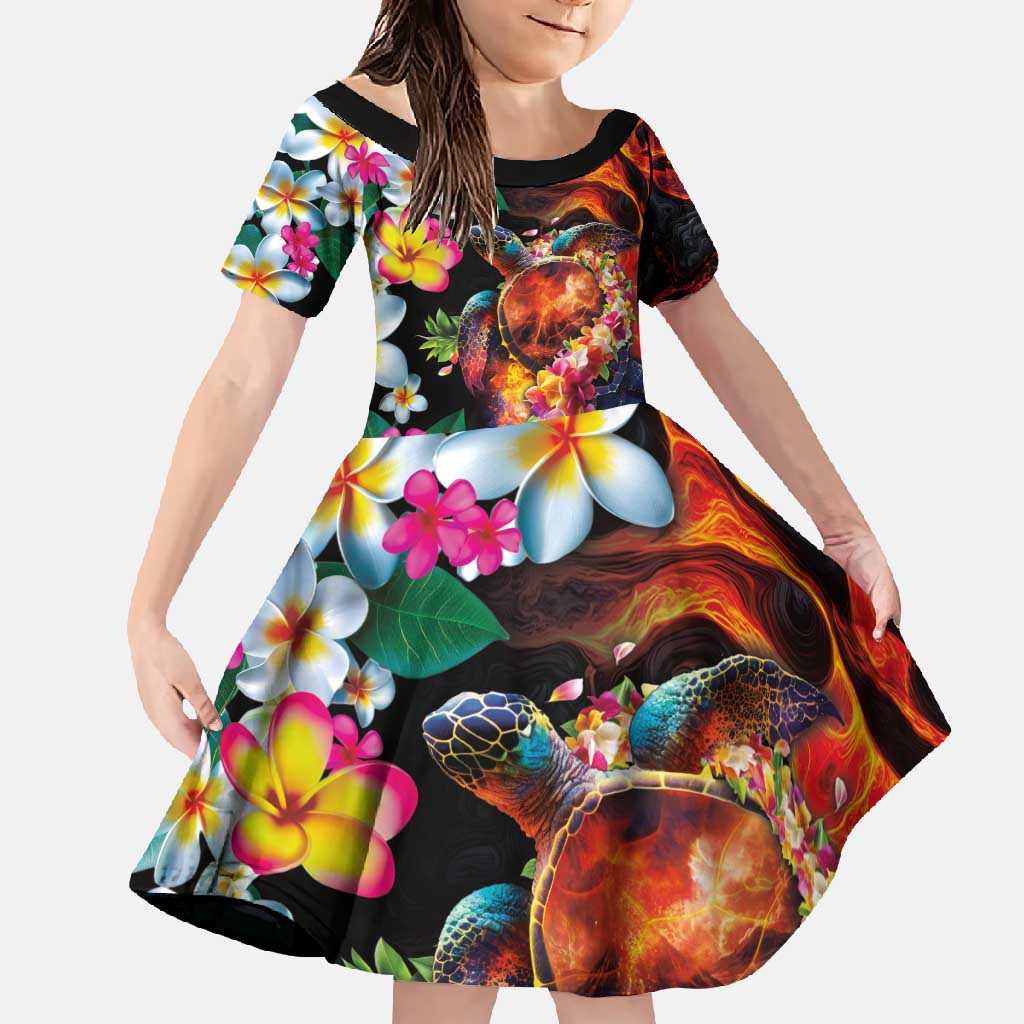 Hawaiian Lei Day Family Matching Long Sleeve Bodycon Dress and Hawaiian Shirt Colorful Plumeria and Volcanic Turtle with Abstract Lava Texture LT03 Daughter's Dress Black - Polynesian Pride