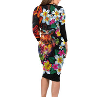 Hawaiian Lei Day Family Matching Long Sleeve Bodycon Dress and Hawaiian Shirt Colorful Plumeria and Volcanic Turtle with Abstract Lava Texture LT03 - Polynesian Pride