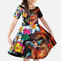 Hawaiian Lei Day Family Matching Mermaid Dress and Hawaiian Shirt Colorful Plumeria and Volcanic Turtle with Abstract Lava Texture LT03 Daughter's Dress Black - Polynesian Pride
