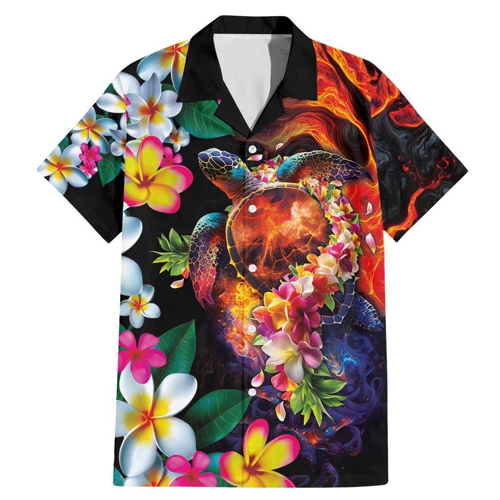 Hawaiian Lei Day Family Matching Mermaid Dress and Hawaiian Shirt Colorful Plumeria and Volcanic Turtle with Abstract Lava Texture LT03 Dad's Shirt - Short Sleeve Black - Polynesian Pride