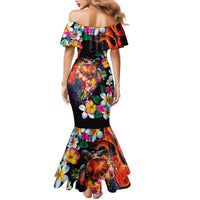 Hawaiian Lei Day Family Matching Mermaid Dress and Hawaiian Shirt Colorful Plumeria and Volcanic Turtle with Abstract Lava Texture LT03 - Polynesian Pride