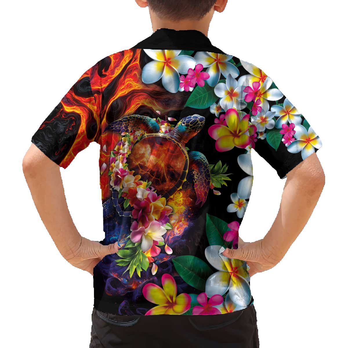 Hawaiian Lei Day Family Matching Off The Shoulder Long Sleeve Dress and Hawaiian Shirt Colorful Plumeria and Volcanic Turtle with Abstract Lava Texture LT03 - Polynesian Pride