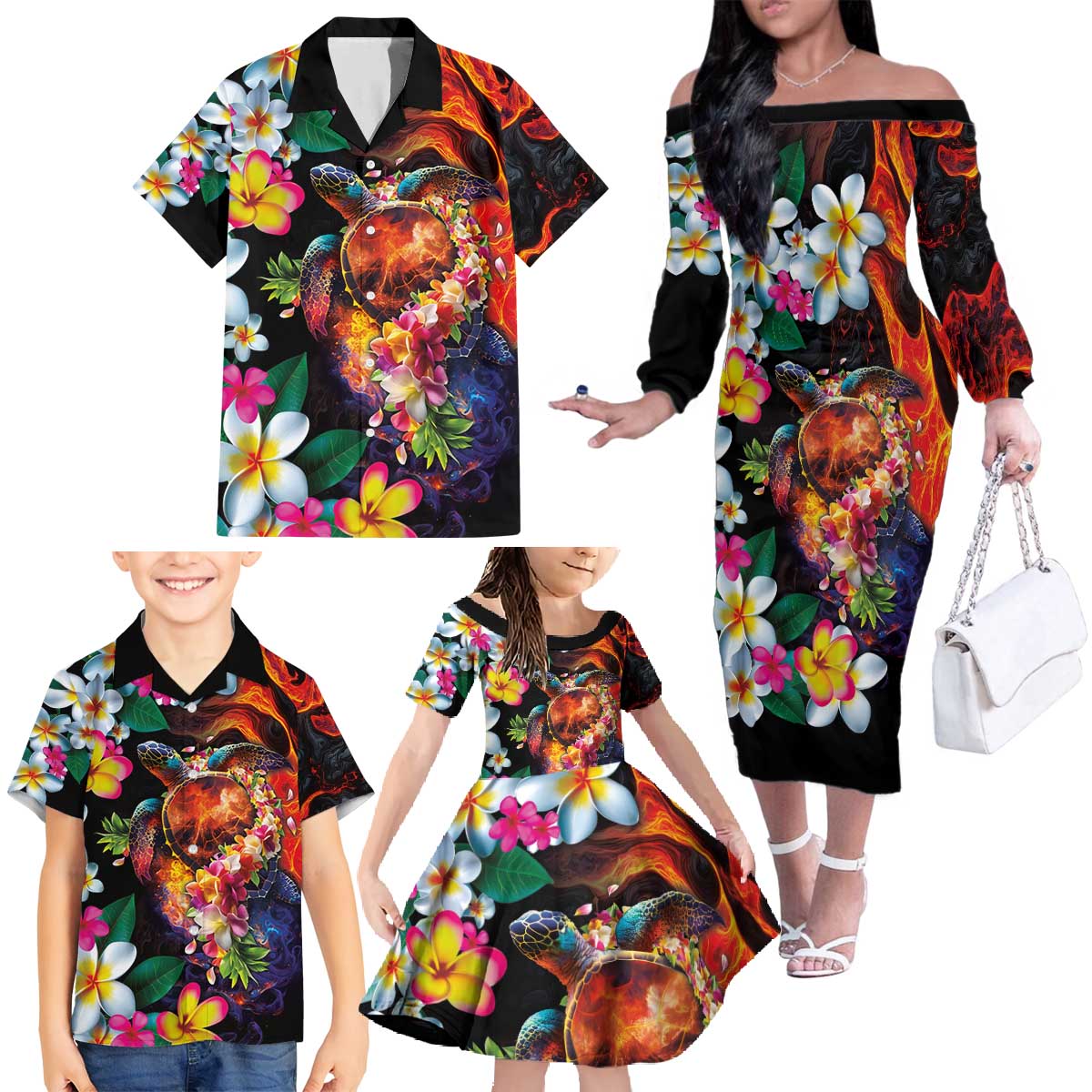 Hawaiian Lei Day Family Matching Off The Shoulder Long Sleeve Dress and Hawaiian Shirt Colorful Plumeria and Volcanic Turtle with Abstract Lava Texture LT03 - Polynesian Pride