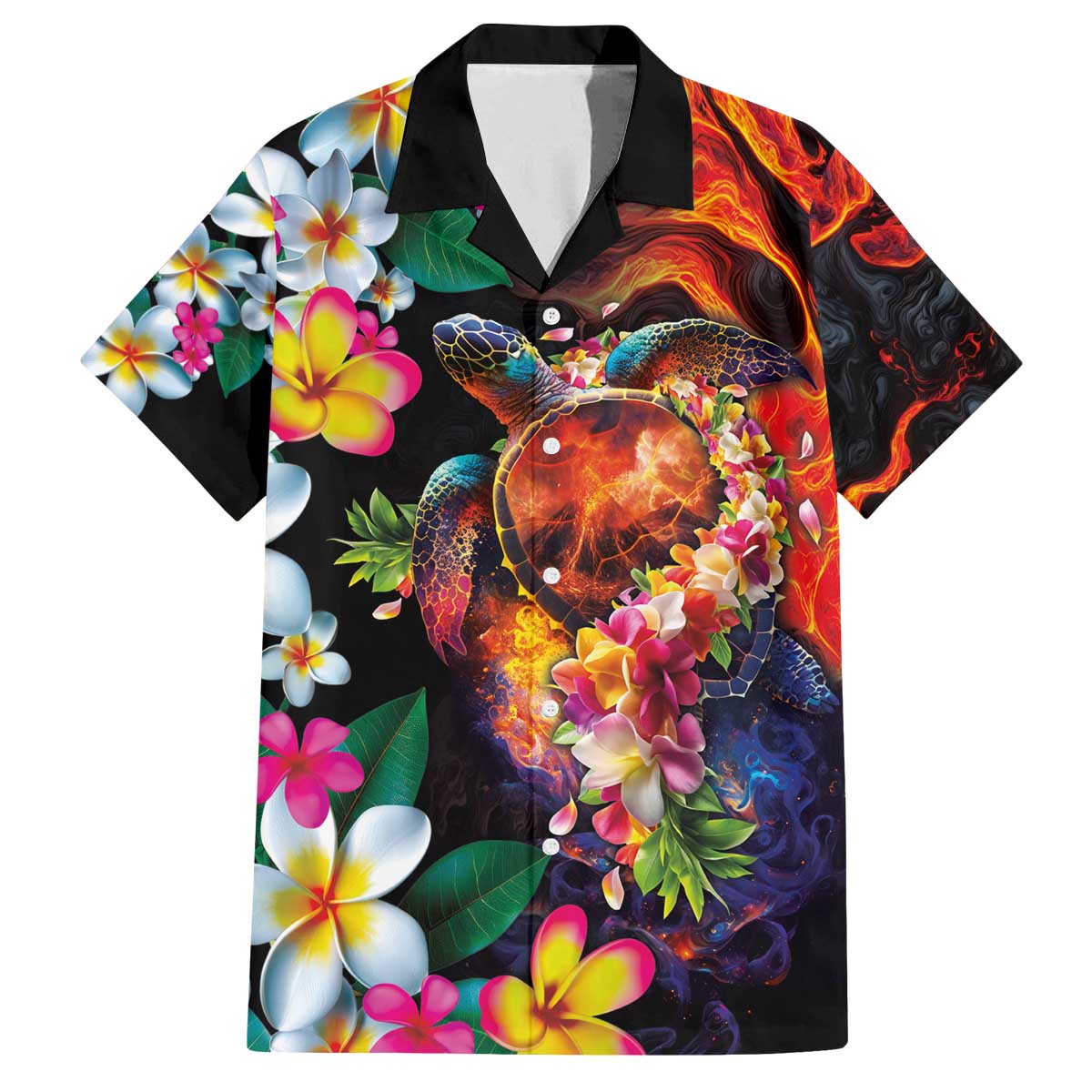 Hawaiian Lei Day Family Matching Off The Shoulder Long Sleeve Dress and Hawaiian Shirt Colorful Plumeria and Volcanic Turtle with Abstract Lava Texture LT03 Dad's Shirt - Short Sleeve Black - Polynesian Pride