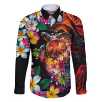 Hawaiian Lei Day Family Matching Off The Shoulder Long Sleeve Dress and Hawaiian Shirt Colorful Plumeria and Volcanic Turtle with Abstract Lava Texture LT03 Dad's Shirt - Long Sleeve Black - Polynesian Pride