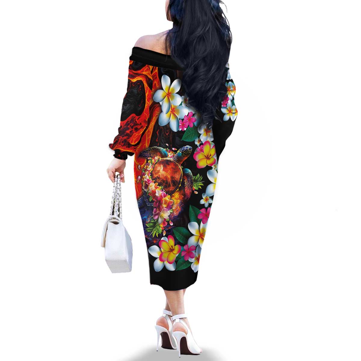 Hawaiian Lei Day Family Matching Off The Shoulder Long Sleeve Dress and Hawaiian Shirt Colorful Plumeria and Volcanic Turtle with Abstract Lava Texture LT03 - Polynesian Pride