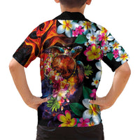 Hawaiian Lei Day Family Matching Off Shoulder Maxi Dress and Hawaiian Shirt Colorful Plumeria and Volcanic Turtle with Abstract Lava Texture LT03 - Polynesian Pride
