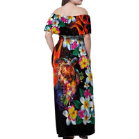 Hawaiian Lei Day Family Matching Off Shoulder Maxi Dress and Hawaiian Shirt Colorful Plumeria and Volcanic Turtle with Abstract Lava Texture LT03 - Polynesian Pride