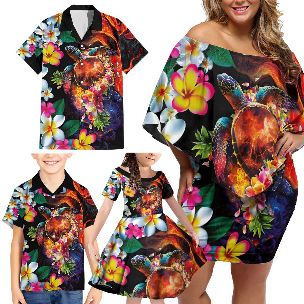 Hawaiian Lei Day Family Matching Off Shoulder Short Dress and Hawaiian Shirt Colorful Plumeria and Volcanic Turtle with Abstract Lava Texture LT03 - Polynesian Pride