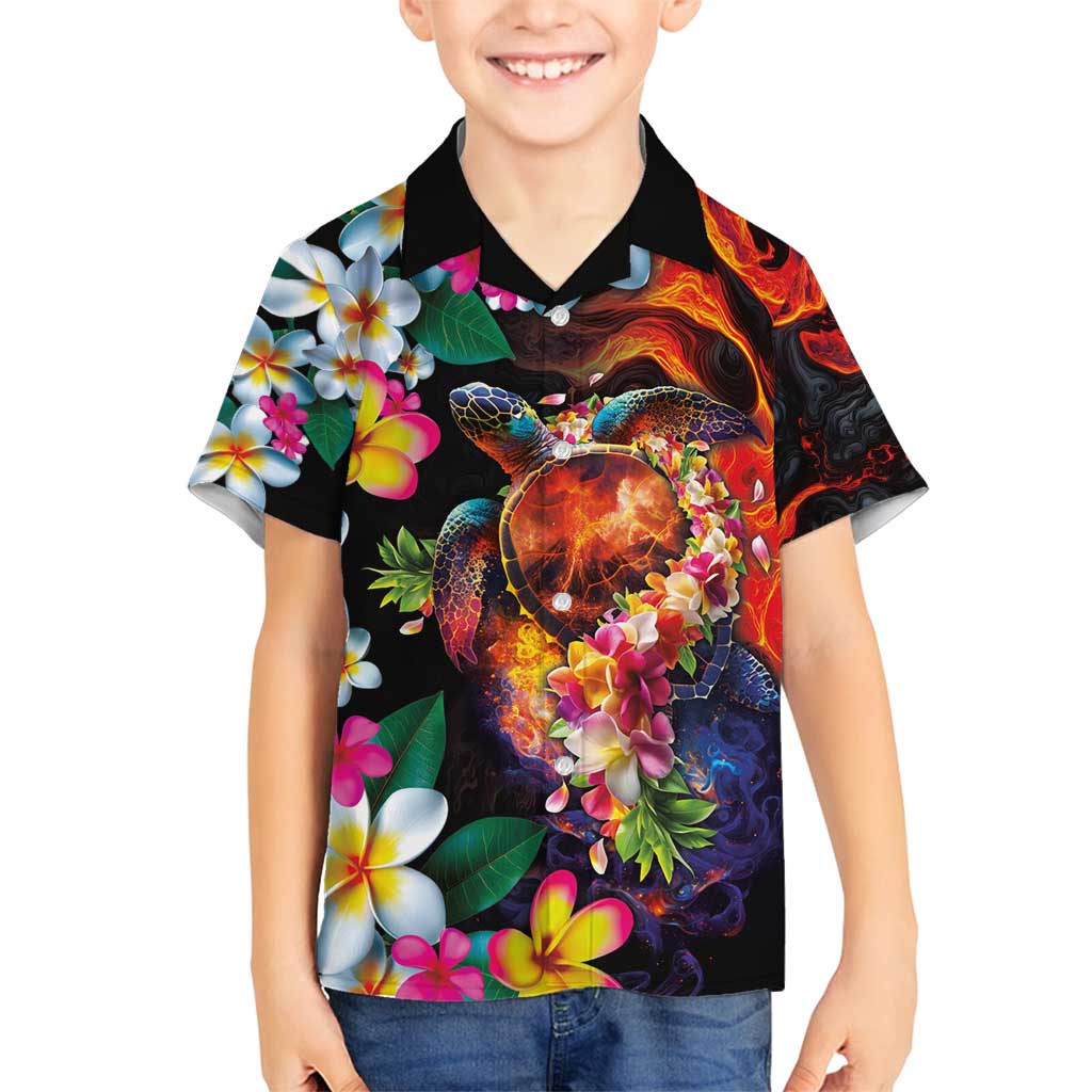 Hawaiian Lei Day Family Matching Off Shoulder Short Dress and Hawaiian Shirt Colorful Plumeria and Volcanic Turtle with Abstract Lava Texture LT03 Son's Shirt Black - Polynesian Pride