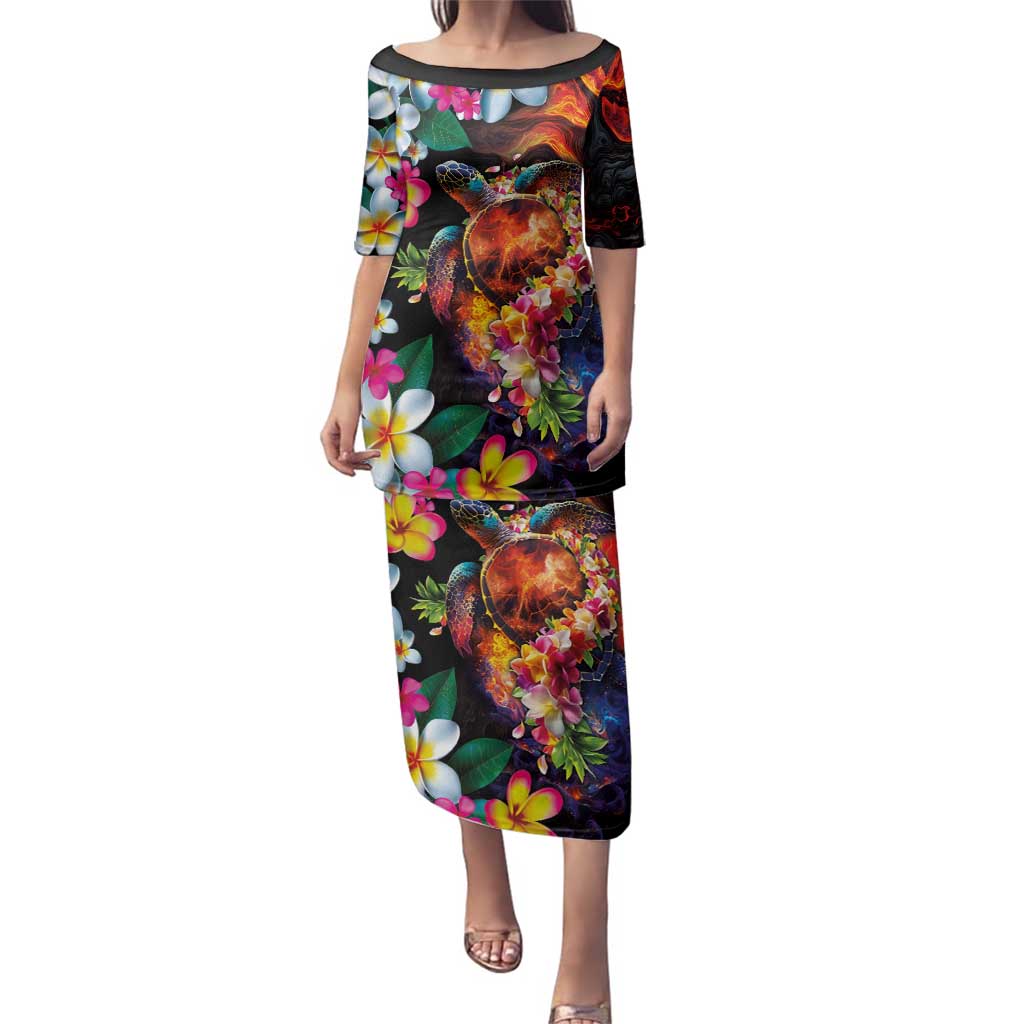 Hawaiian Lei Day Family Matching Puletasi and Hawaiian Shirt Colorful Plumeria and Volcanic Turtle with Abstract Lava Texture LT03 Mom's Dress Black - Polynesian Pride