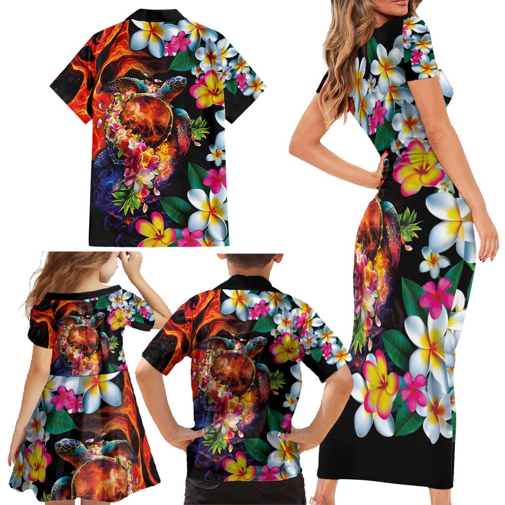 Hawaiian Lei Day Family Matching Short Sleeve Bodycon Dress and Hawaiian Shirt Colorful Plumeria and Volcanic Turtle with Abstract Lava Texture LT03 - Polynesian Pride