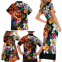 Hawaiian Lei Day Family Matching Short Sleeve Bodycon Dress and Hawaiian Shirt Colorful Plumeria and Volcanic Turtle with Abstract Lava Texture LT03 - Polynesian Pride