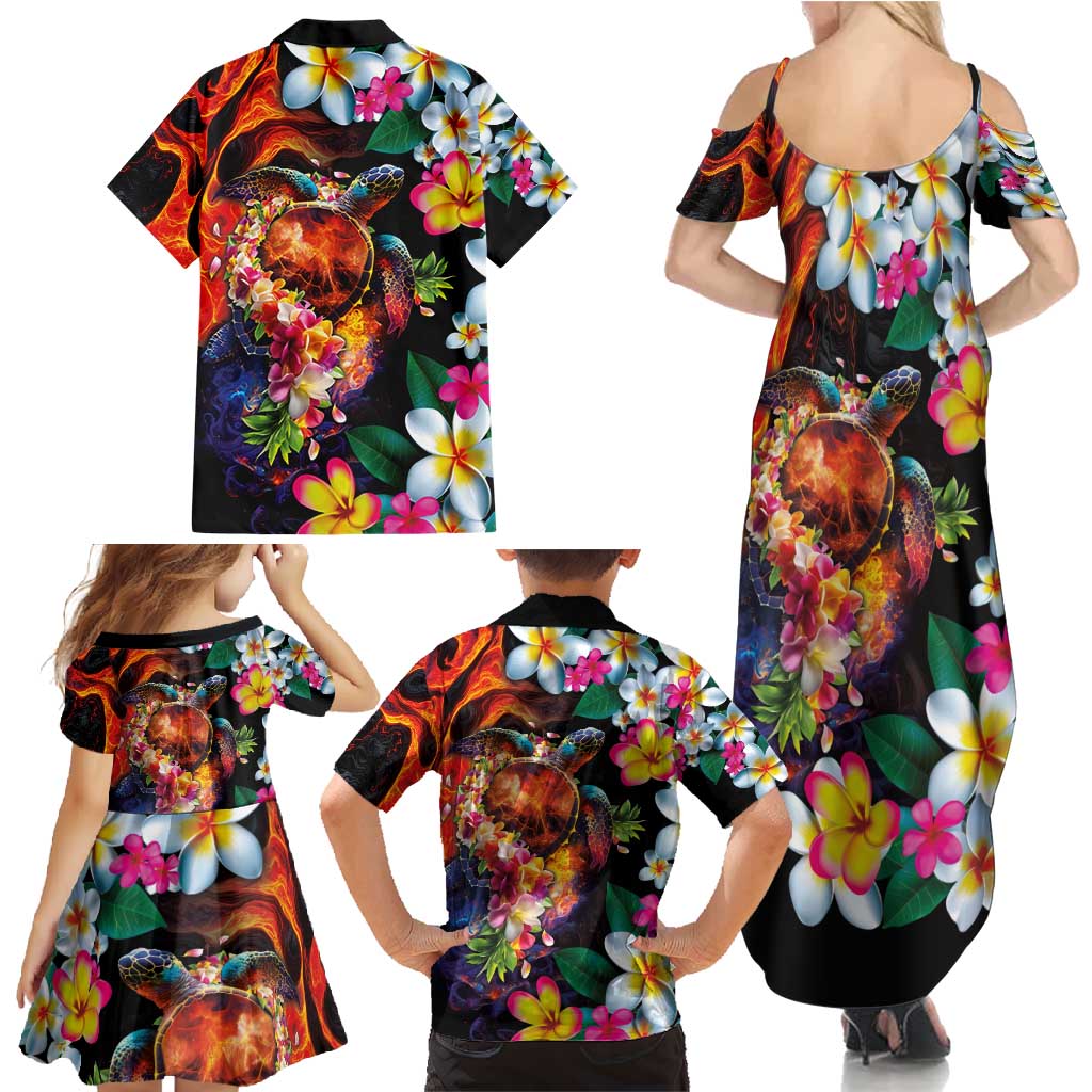 Hawaiian Lei Day Family Matching Summer Maxi Dress and Hawaiian Shirt Colorful Plumeria and Volcanic Turtle with Abstract Lava Texture LT03 - Polynesian Pride