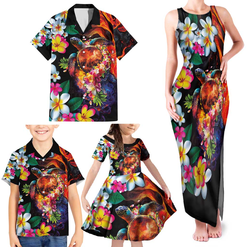 Hawaiian Lei Day Family Matching Tank Maxi Dress and Hawaiian Shirt Colorful Plumeria and Volcanic Turtle with Abstract Lava Texture LT03 - Polynesian Pride