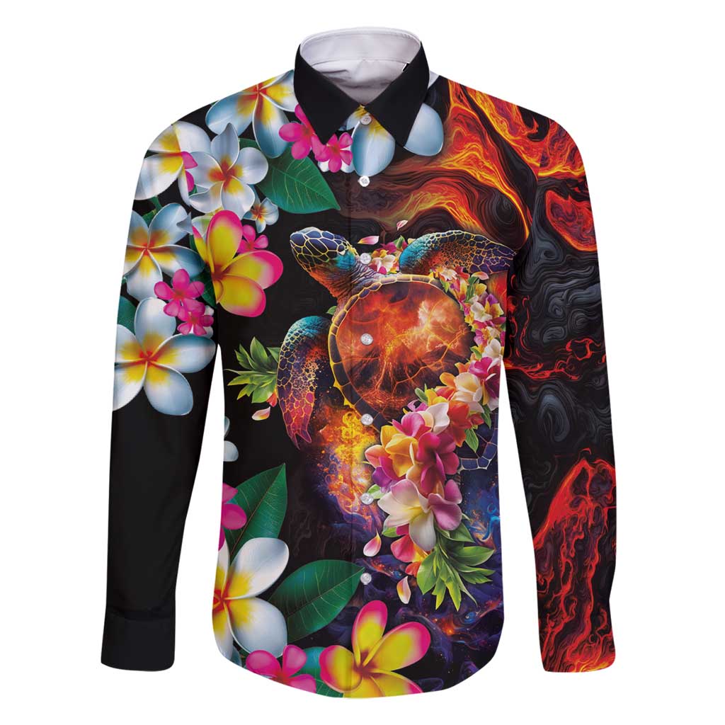 Hawaiian Lei Day Family Matching Tank Maxi Dress and Hawaiian Shirt Colorful Plumeria and Volcanic Turtle with Abstract Lava Texture LT03 Dad's Shirt - Long Sleeve Black - Polynesian Pride
