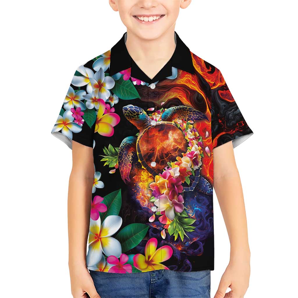 Hawaiian Lei Day Kid Hawaiian Shirt Colorful Plumeria and Volcanic Turtle with Abstract Lava Texture LT03 Kid Black - Polynesian Pride
