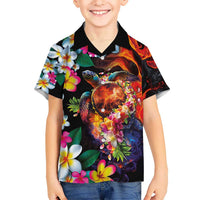 Hawaiian Lei Day Kid Hawaiian Shirt Colorful Plumeria and Volcanic Turtle with Abstract Lava Texture LT03 Kid Black - Polynesian Pride