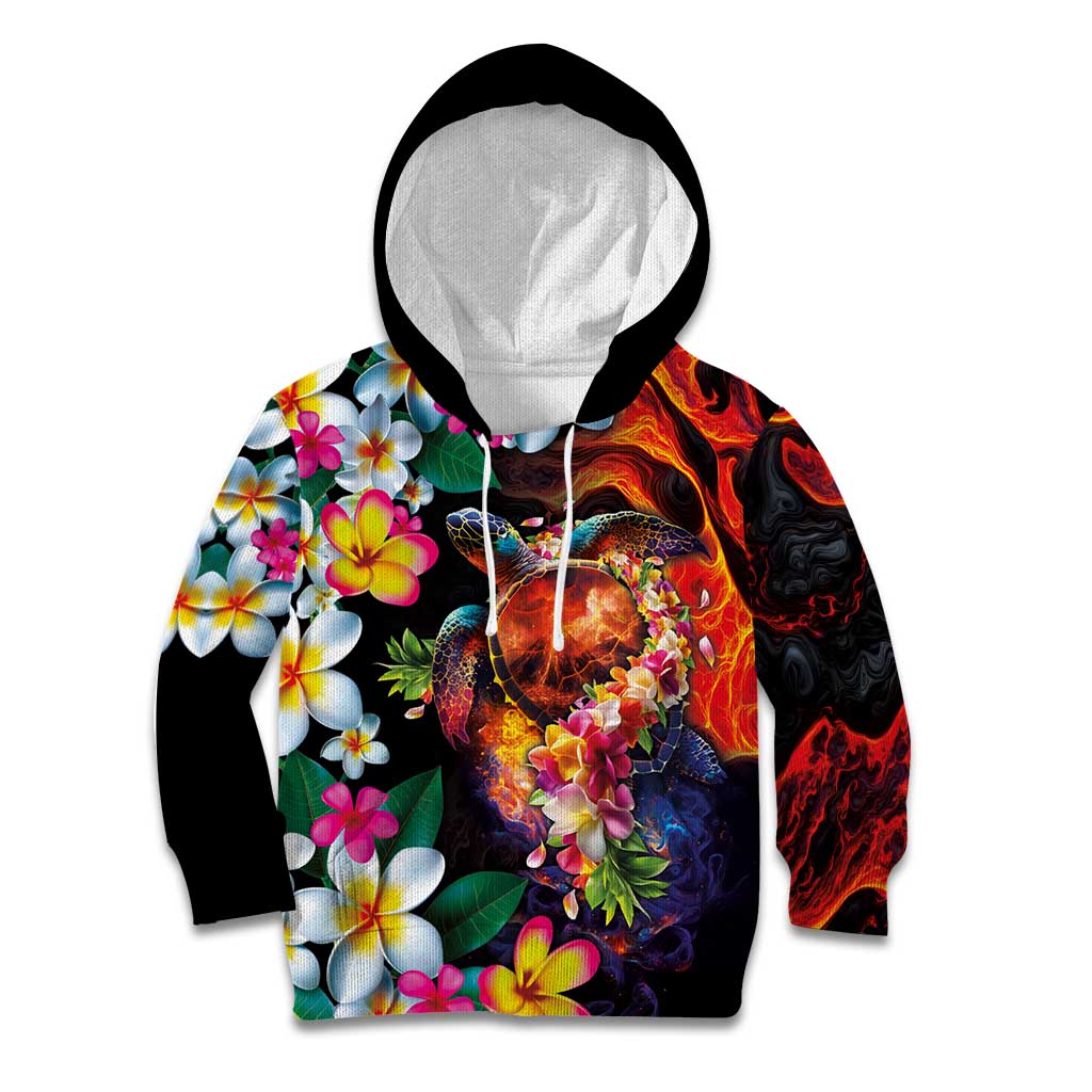 Hawaiian Lei Day Kid Hoodie Colorful Plumeria and Volcanic Turtle with Abstract Lava Texture LT03 Hoodie Black - Polynesian Pride