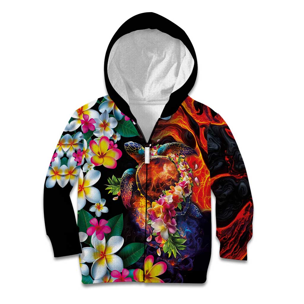Hawaiian Lei Day Kid Hoodie Colorful Plumeria and Volcanic Turtle with Abstract Lava Texture LT03 Zip Hoodie Black - Polynesian Pride