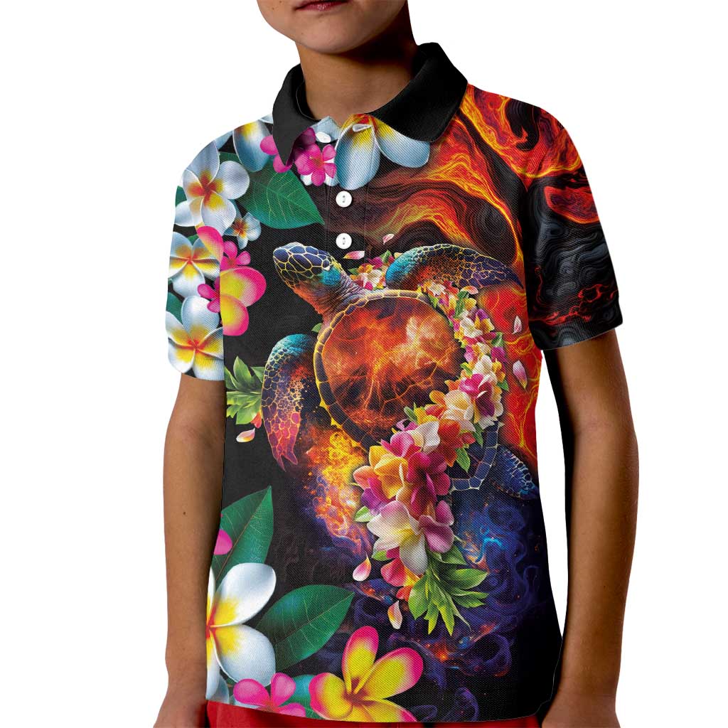 Hawaiian Lei Day Kid Polo Shirt Colorful Plumeria and Volcanic Turtle with Abstract Lava Texture LT03 Kid Black - Polynesian Pride